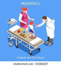 Clinic Pediatric Family Doctor Pediatrician Kid Care Department Infographic. Hospital Clinic Cancer Research. Healthcare 3D Flat Isometric People Set. Pediatric Medical Visit Vector Illustration