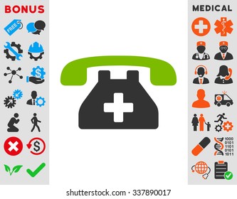 Clinic Phone vector icon with bonus. Style is bicolor flat symbol, eco green and gray colors, rounded angles, white background.