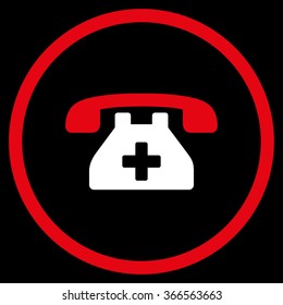 Clinic Phone vector icon. Style is bicolor flat circled symbol, red and white colors, rounded angles, black background.