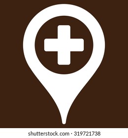 Clinic Pointer vector icon. Style is flat symbol, white color, rounded angles, brown background.