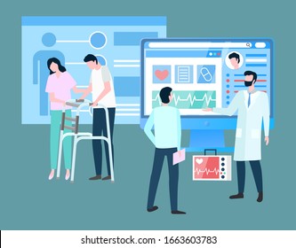 Clinic provides medical services in rehabilitation program. Woman, nurse and help people with disability or injury. Doctor talk with patient about treatment. Vector illustration of physio therapy