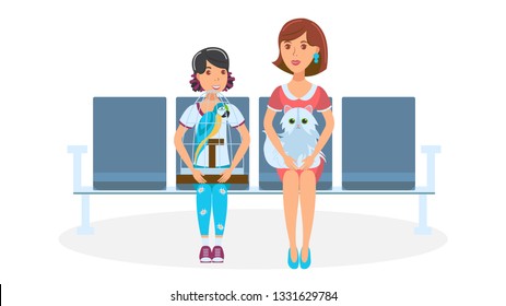 Clinic Queue Cartoon Vector Color Illustration. Young Girl with Parrot and Woman with Dog Sitting in Veterinary Clinic. People and Pets Cartoon Character. Pet Care Service. Isolated Vector Element