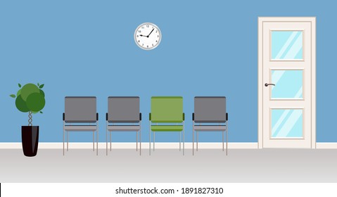 Clinic Reception Area With Gray Chairs In Front Of The Door. Blue Doctor Office. Contemporary Waiting Room With Plant And Clock  On Wall. Vector Illustration In Flat Style.