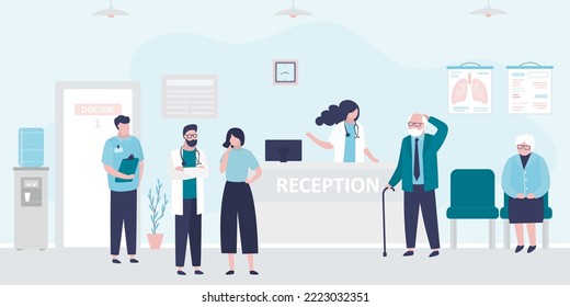 Clinic reception, hospital hall. Various patients and medical staff in lobby of medical clinic. People customers talk to doctors and nurse. Corridor interior with furniture. Flat vector illustration