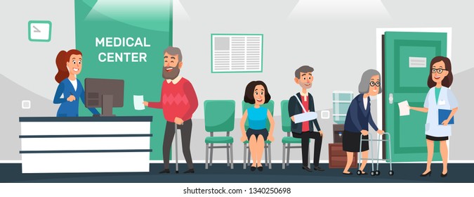 Clinic reception. Hospital patients, doctor waiting room and people wait doctors medical care. Medical administration interior, clinic receptionist or hospitalization cartoon vector illustration