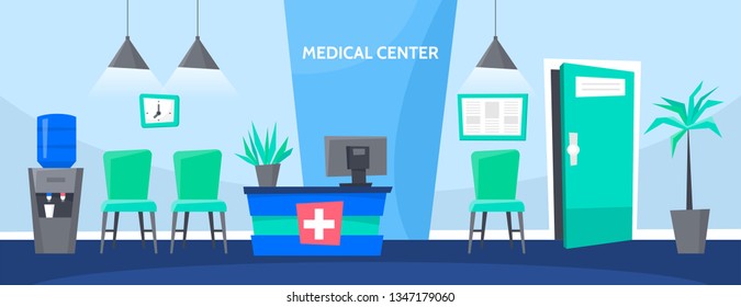 Clinic reception interior with desk, chairs and doctor medical care room. Cartoon vector illustration