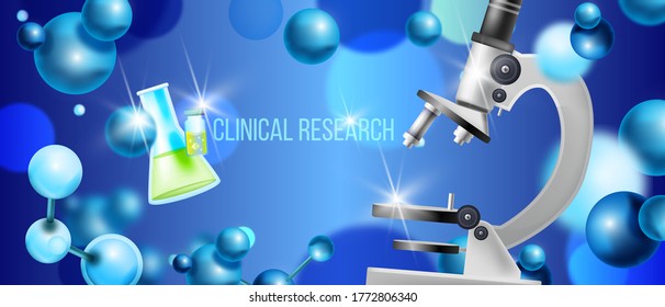 Clínica de investigación científica ilustración vectorial con microscopio realista, matraz y vial con fármaco. Pancarta de laboratorio farmacéutico con moléculas azules. Antecedentes abstractos de la atención médica 