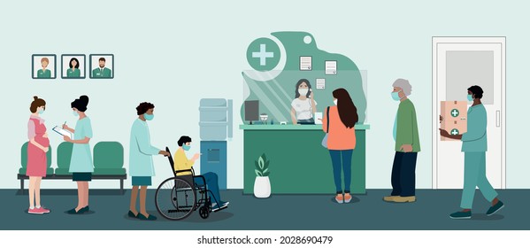 Clinic, A Scene From Life In The Hospital. Masked People At The Reception Desk, Patients And Staff In The Interior Of The Hospital. Vector Illustration.