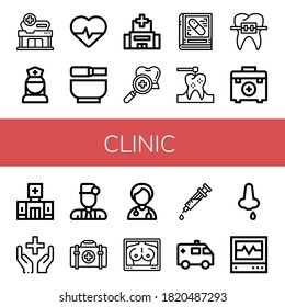clinic simple icons set. Contains such icons as Hospital, Nurse, Cardiology, Mortar, Dental checkup, Pharmacy, Dental drill, Braces, First aid kit, can be used for web, mobile and logo
