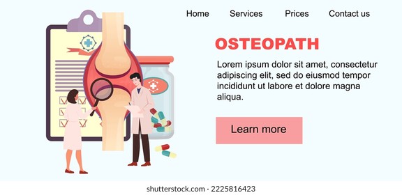 Clinic site design. Header. Joint disease concept. Doctors examining knee joint and prescribing medicines, cure. Osteoarthritis, rheumatoid arthritis treatment. Knee injury. Template.