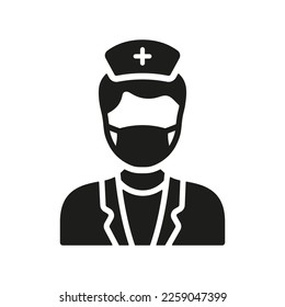 Clinic Staff in Face Mask Silhouette Icon. Doctor Man at Work Glyph Pictogram. Pediatrician, Dental Surgeon, Orthodontist Sign. Professional Medic Symbol. Dental Doctor. Isolated Vector Illustration.