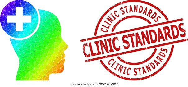 Clinic Standards scratched badge and low-poly spectral colored head treatment icon with gradient. Red stamp includes Clinic Standards caption inside round and lines template.