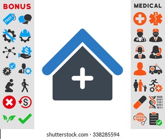 Clinic vector icon with bonus. Style is bicolor flat symbol, smooth blue colors, rounded angles, white background.