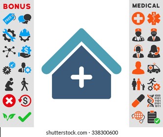 Clinic vector icon with bonus. Style is bicolor flat symbol, cyan and blue colors, rounded angles, white background.