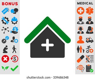 Clinic vector icon with bonus. Style is bicolor flat symbol, green and gray colors, rounded angles, white background.