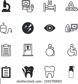 clinic vector icon set such as: job, accident, instrument, caries, spermatozoon, liquid, diagnostics, enamel, relaxation, education, bank, eyeball, work, donation, pain, lab, idea, anatomy, vaccine