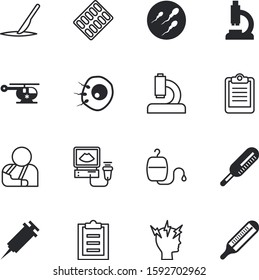 clinic vector icon set such as: examining, cast, heartbeat, pills, capsule, knife, headache, surgeon, insurance, metal, surgical, transfusion, scalpel, thumb, transport, shot, waves, broken, transfer