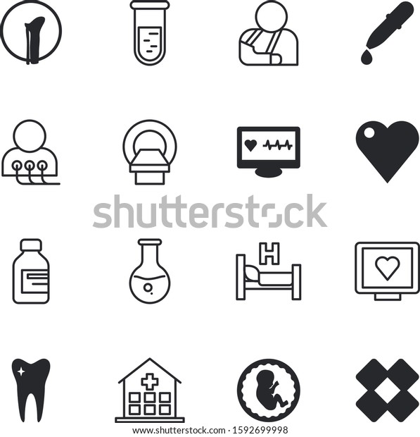 clinic vector icon set such as: line, plaster,\
rubber, hand, wound, sick, pipet, beaker, animals, vitamin,\
tomographs, stone, scientific, cure, app, vaccine, drawing,\
quickly, prenatal, web,\
ray