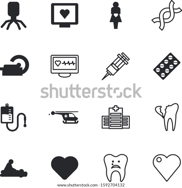 clinic vector icon set such as: air, helix,\
tomograph, gestation, architecture, pills, flight, toothache,\
shield, construction, prescription, wellness, cross, radiation,\
spiral, clean, plasma