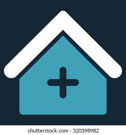 Clinic vector icon. Style is bicolor flat symbol, blue and white colors, rounded angles, dark blue background.