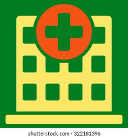 Clinic vector icon. Style is bicolor flat symbol, orange and yellow colors, rounded angles, green background.