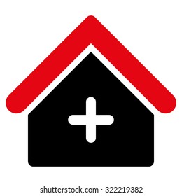 Clinic vector icon. Style is bicolor flat symbol, intensive red and black colors, rounded angles, white background.