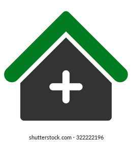 Clinic vector icon. Style is bi-color flat symbol, green and gray colors, rounded angles, white background.