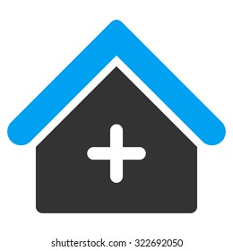 Clinic vector icon. Style is bicolor flat symbol, blue and gray colors, rounded angles, white background.
