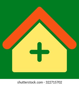 Clinic vector icon. Style is bicolor flat symbol, orange and yellow colors, rounded angles, green background.