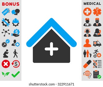 Clinic vector icon. Style is bicolor flat symbol, blue and gray colors, rounded angles, white background.