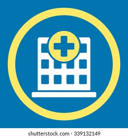 Clinic vector icon. Style is bicolor flat rounded symbol, yellow and white colors, rounded angles, blue background.