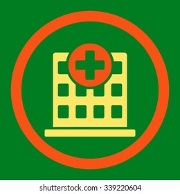 Clinic vector icon. Style is bicolor flat rounded symbol, orange and yellow colors, rounded angles, green background.