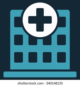 Clinic vector icon. Style is bicolor flat symbol, blue and white colors, rounded angles, dark blue background.