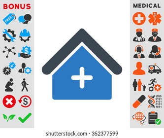 Clinic vector icon. Style is bicolor flat symbol, smooth blue colors, rounded angles, white background.