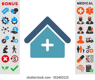 Clinic vector icon. Style is bicolor flat symbol, cyan and blue colors, rounded angles, white background.