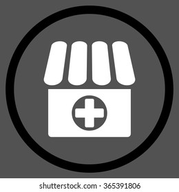 Clinic vector icon. Style is bicolor flat circled symbol, black and white colors, rounded angles, gray background.