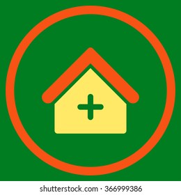 Clinic vector icon. Style is bicolor flat circled symbol, orange and yellow colors, rounded angles, green background.