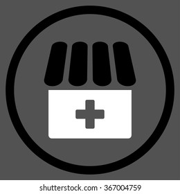 Clinic vector icon. Style is bicolor flat circled symbol, black and white colors, rounded angles, gray background.