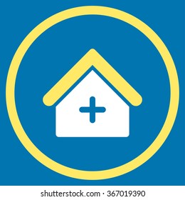 Clinic vector icon. Style is bicolor flat circled symbol, yellow and white colors, rounded angles, blue background.
