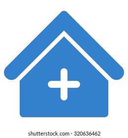Clinic vector icon. Style is flat symbol, cobalt color, rounded angles, white background.