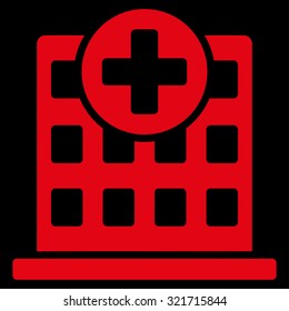 Clinic vector icon. Style is flat symbol, red color, rounded angles, black background.