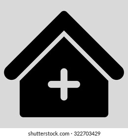 Clinic vector icon. Style is flat symbol, black color, rounded angles, light gray background.