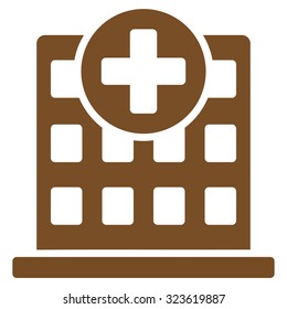 Clinic vector icon. Style is flat symbol, brown color, rounded angles, white background.