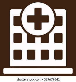 Clinic vector icon. Style is flat symbol, white color, rounded angles, brown background.