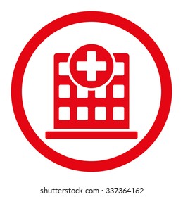 Clinic vector icon. Style is flat rounded symbol, red color, rounded angles, white background.