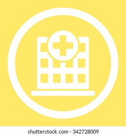 Clinic vector icon. Style is flat rounded symbol, white color, rounded angles, yellow background.