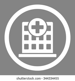 Clinic vector icon. Style is flat rounded symbol, white color, rounded angles, gray background.