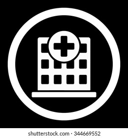 Clinic vector icon. Style is flat rounded symbol, white color, rounded angles, black background.