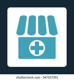 Clinic vector icon. Style is flat rounded square button, blue and white colors, dark blue background.