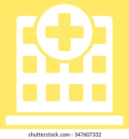Clinic vector icon. Style is flat symbol, white color, rounded angles, yellow background.